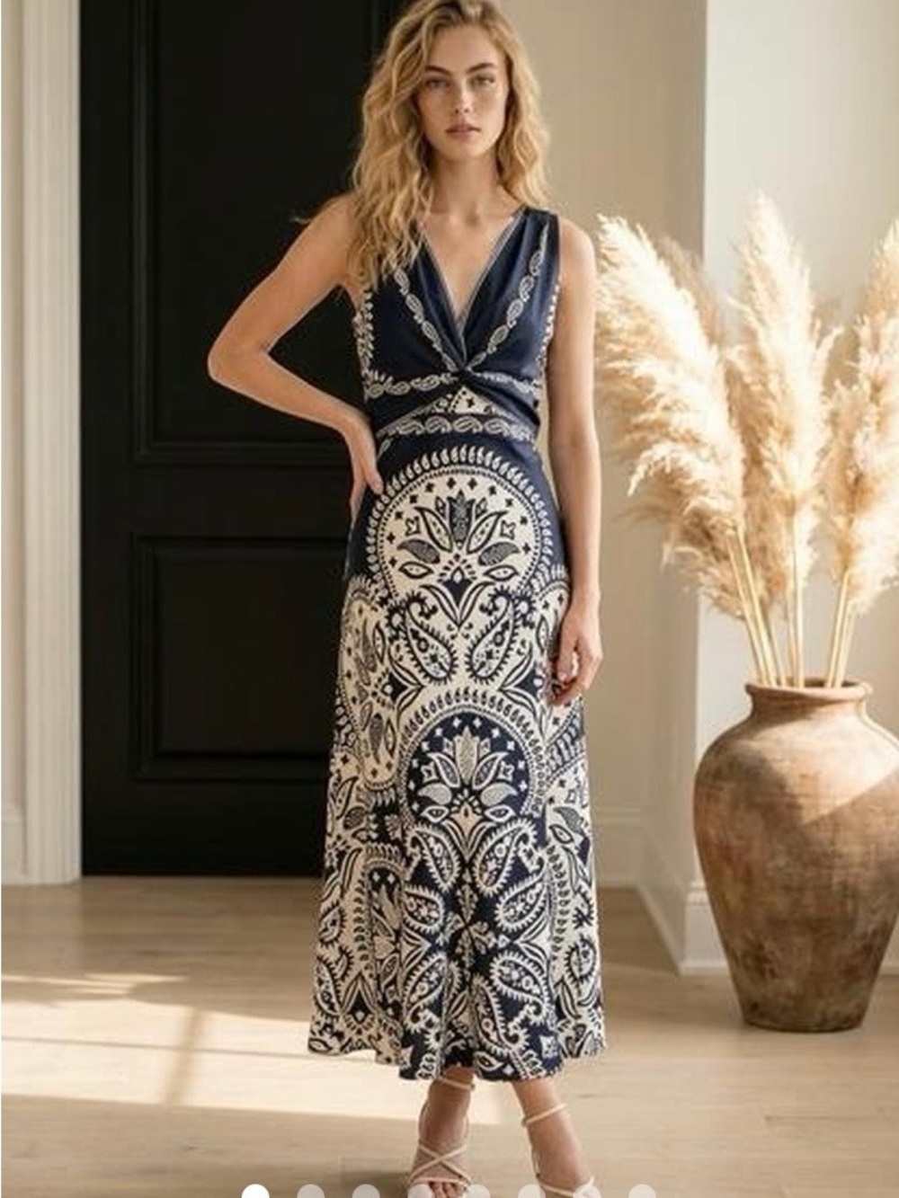 Caroline Constas Navy and Cream V-Neck Printed Maxi Dress
